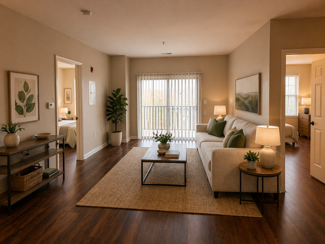 Living room with wooden floor, beige walls and a white ceiling, featuring a light-colored sofa with green accent pillows, a wooden coffee table on a textured area rug, and a round side table with a lamp. A console table with decor and a framed botanical print sits along the wall. Sliding glass doors with vertical blinds provide natural light and lead to a balcony. Bedrooms are visible through open doorways on either side, and a potted plant adds greenery to the space.