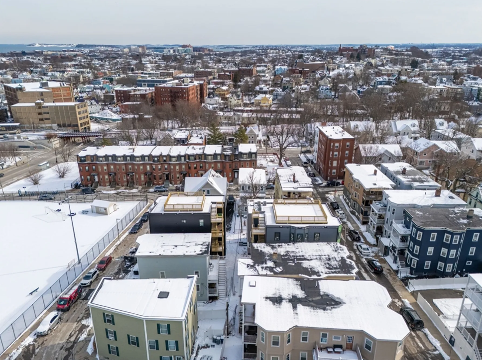 Far bird's eye view of 10 Woodford Street in Dorchester