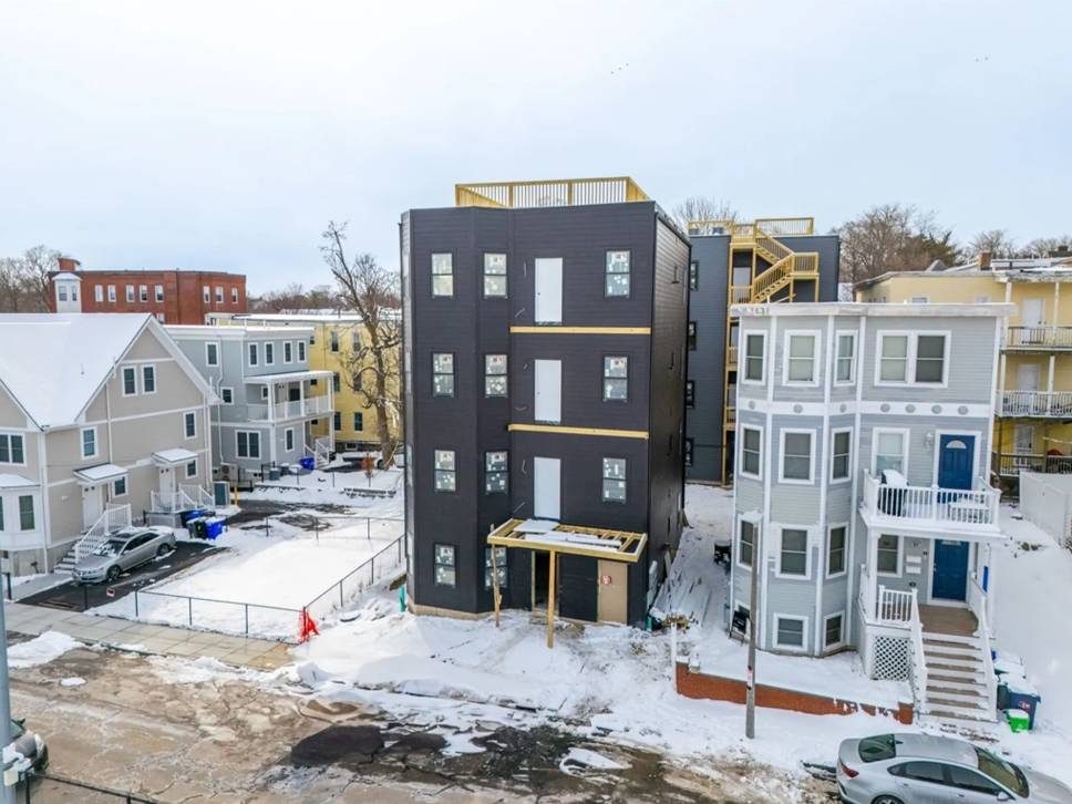 Far exterior of 10 Woodford Street in Dorchester