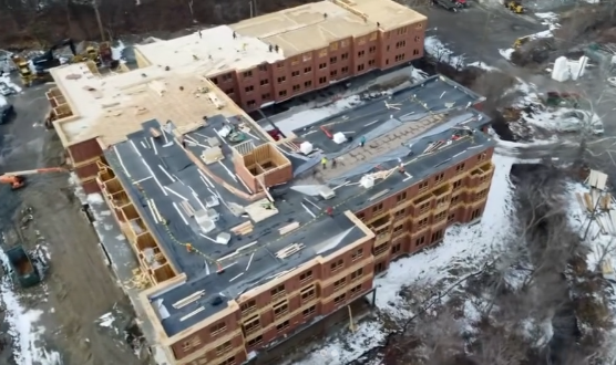 Bird's eye view of construction of The Block at 22 Everett in Westwood