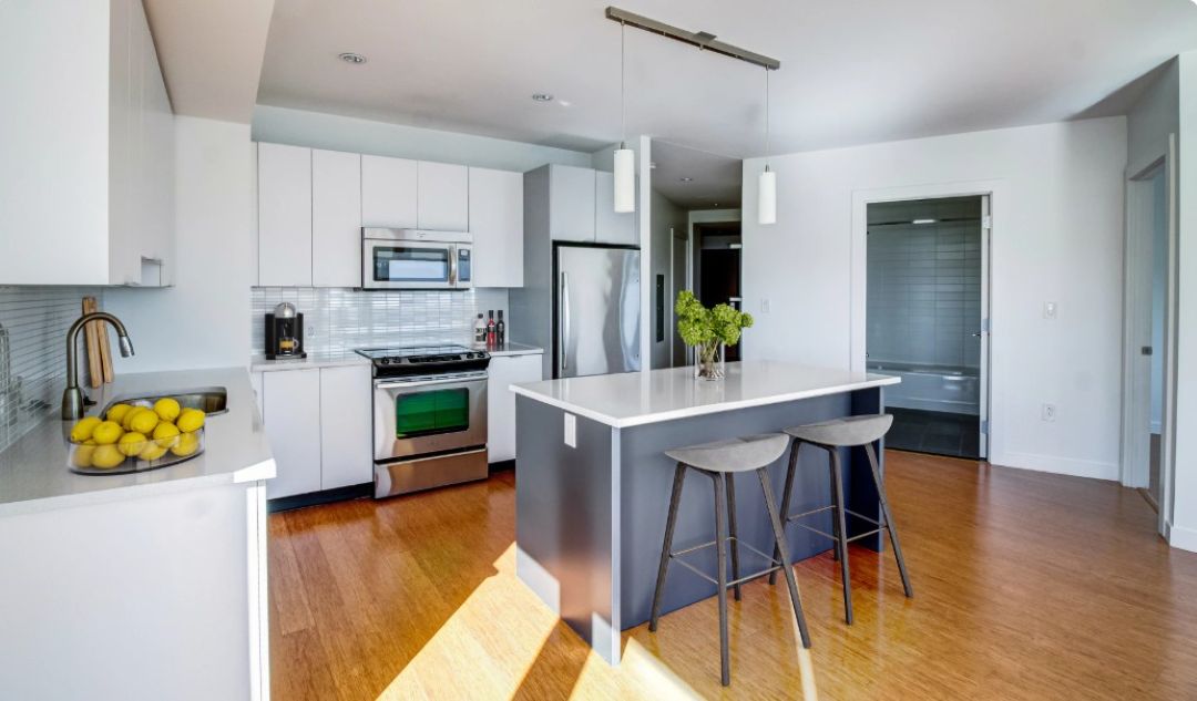 modern kitchen with white cabinets and counters, stainless steel appliances and wood floors