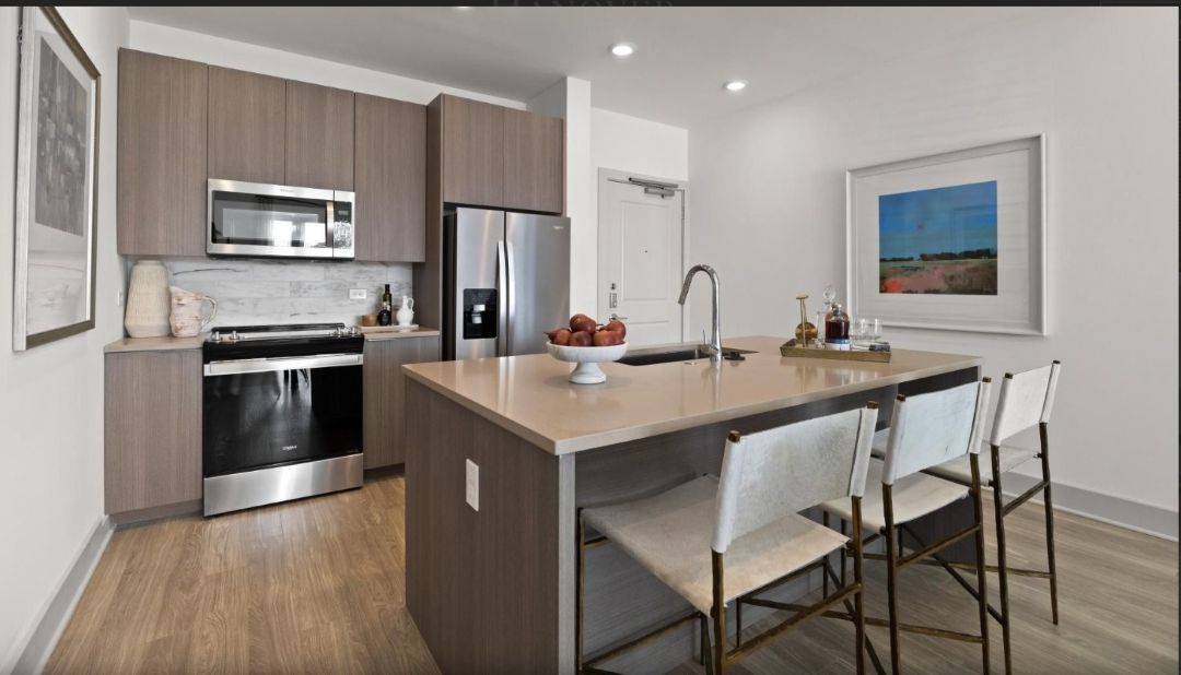 gourmet style kitchen with stainless appliances, wood floors and quartz countertops