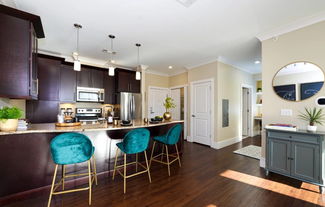 modern kitchen with wood floors, stainless steel appliances and dark wood cabinets