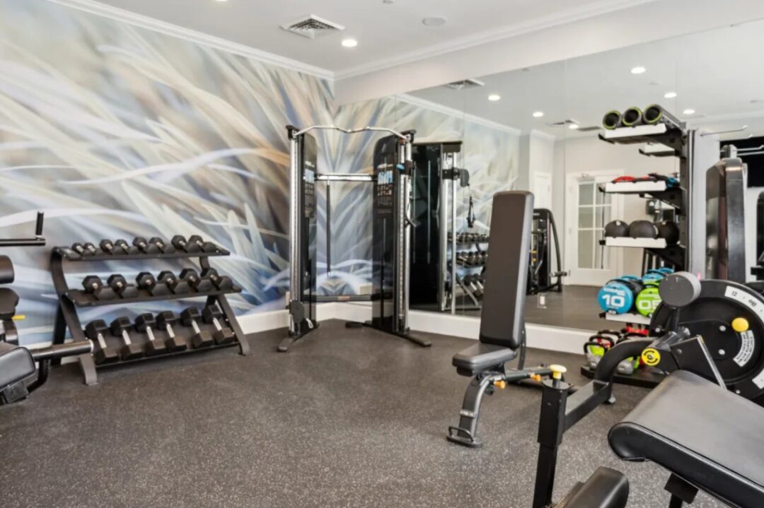 contemporary fitness center featuring an array of weights/equipment