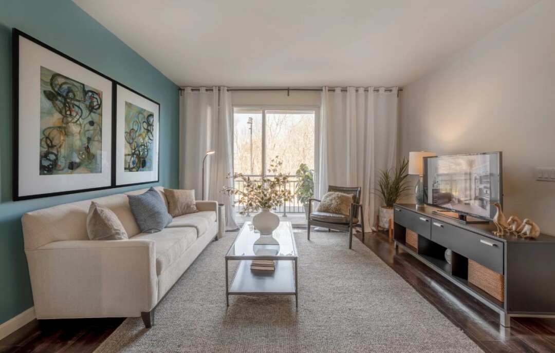 Cozy and sunlit living room styled with a cream colored sofa, and beige area rug and paired with earthy tones
