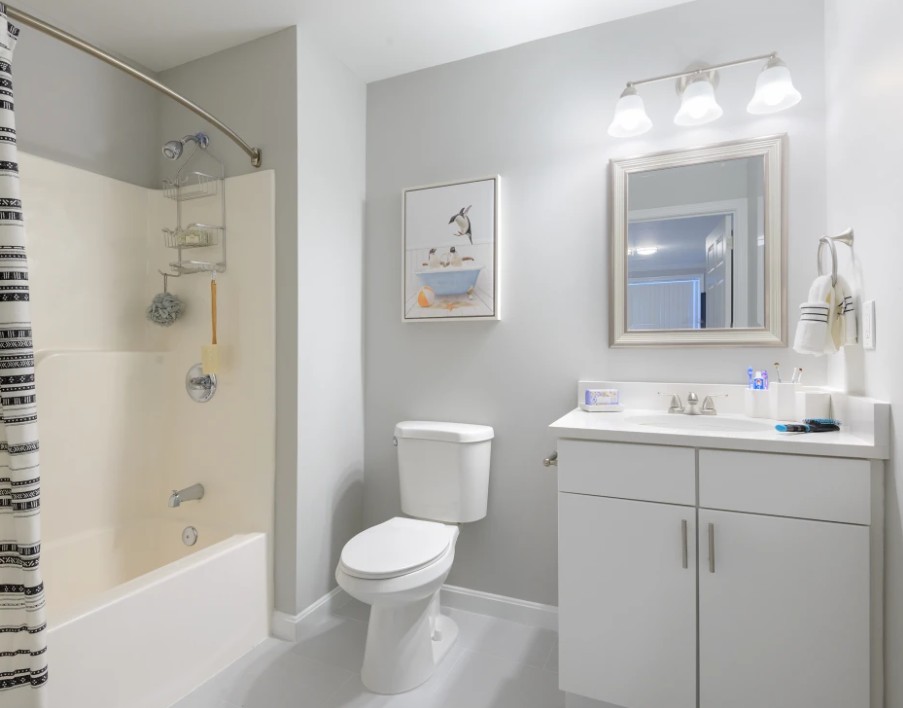 Modern bathroom with white vanity cabinet, bathtub, and gray painted walls