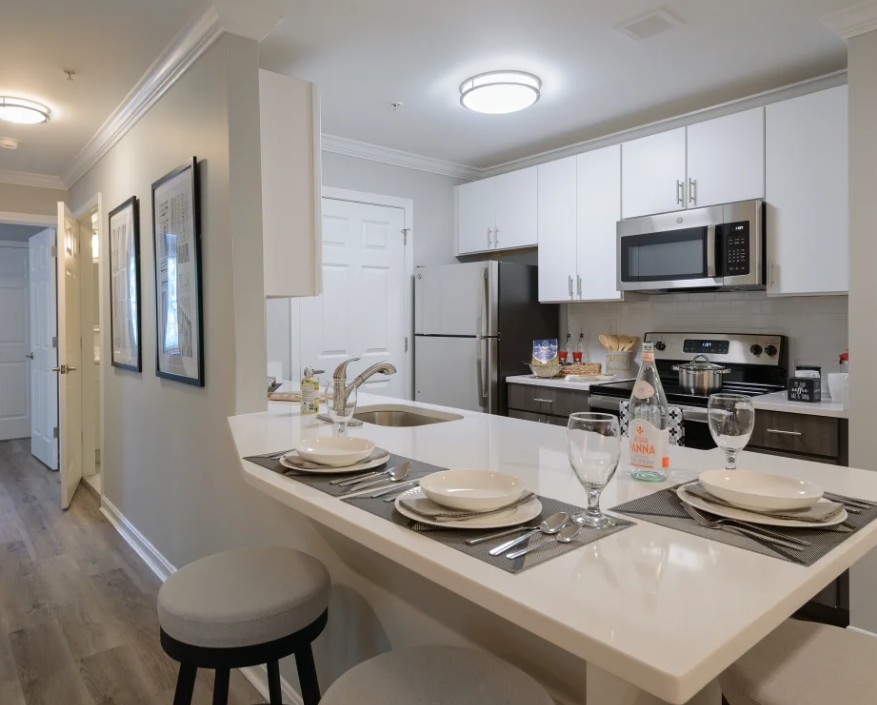 modern kitchen with updated appliances, white cabinets and wood floors