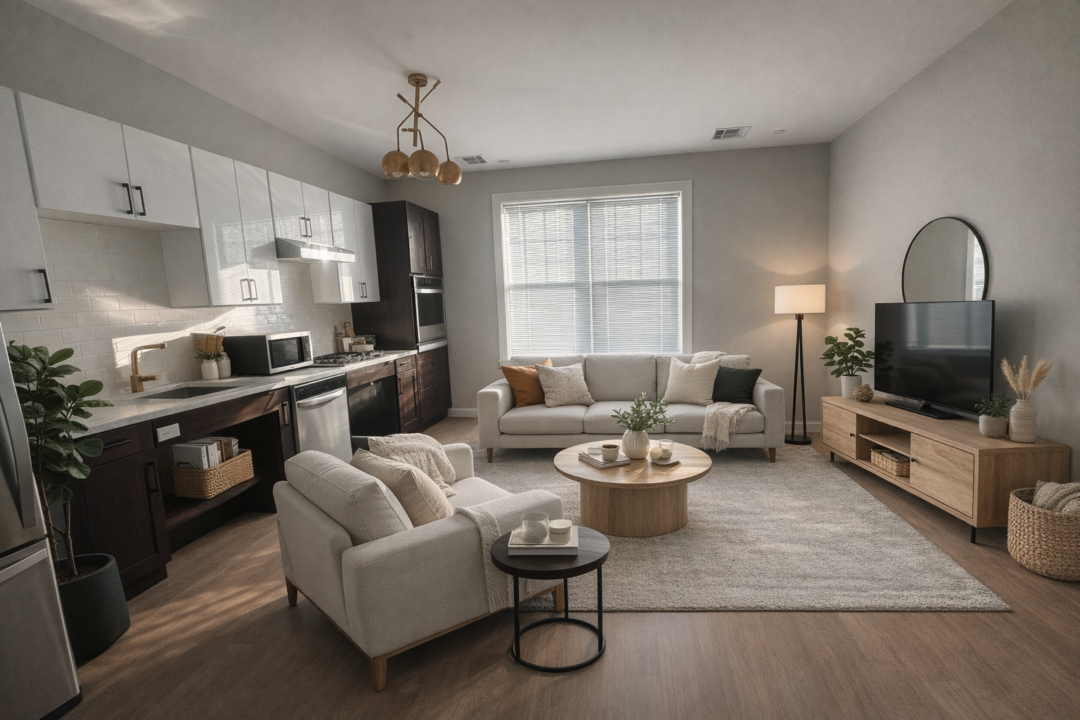 open concept living area off kitchen with hardwood floors and natural light