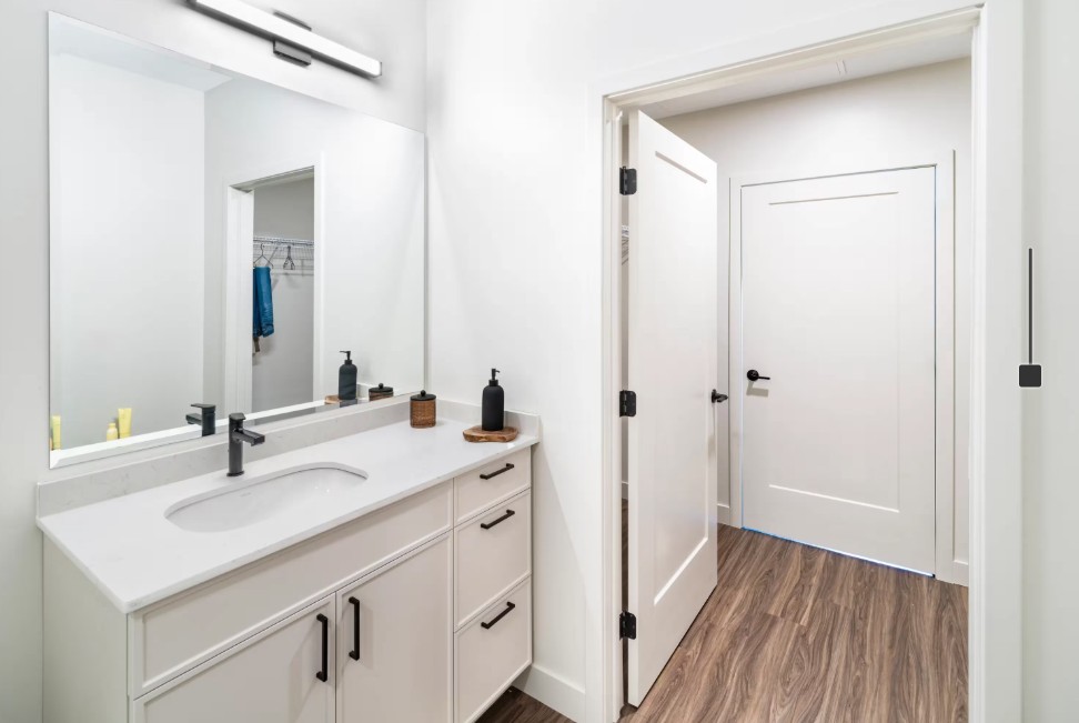 Modern bathroom vanity with white cabinetry, a large mirror, and a doorway leading to the hall.