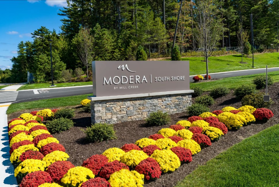 Landscaped entrance sign for Modera apartments, surrounded by red and yellow flowers, lush green grass, shrubs, and tall leafy trees.